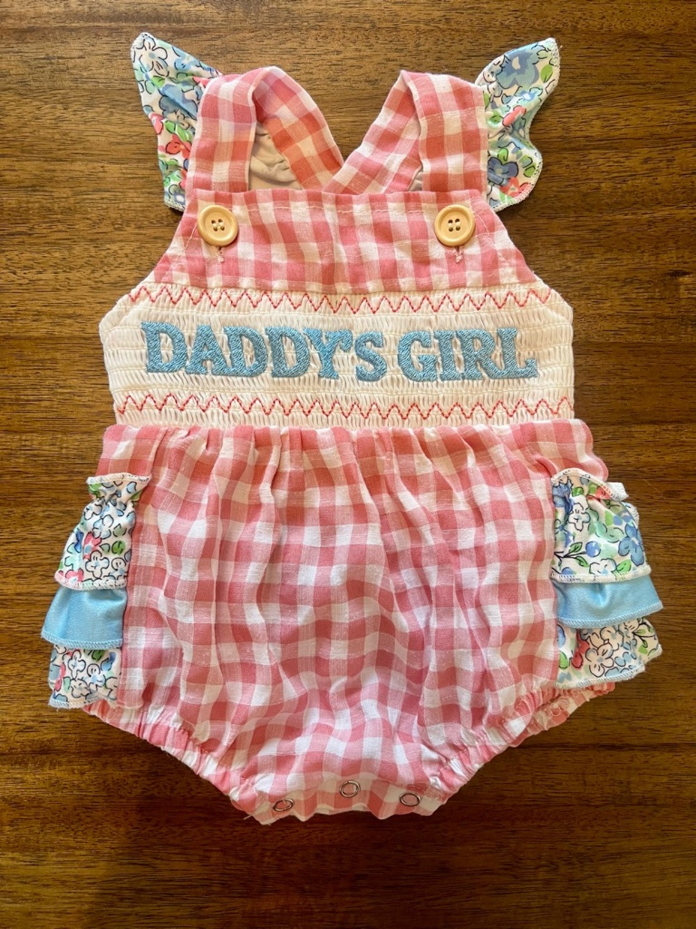 Marie Nicole Smocked "Daddy's Girl" Pink Gingham Ruffle Bubble